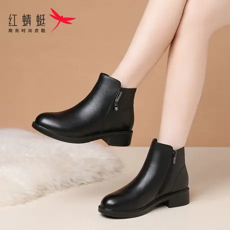 红蜻蜓正品头层牛皮女短靴低跟妈妈靴时尚休闲真皮加绒保暖舒适软图片