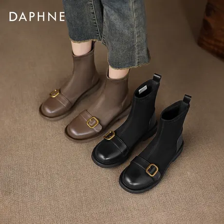 达芙妮黑色短靴子女款2025新款秋冬绒面弹力瘦瘦靴加绒平底马丁靴图片