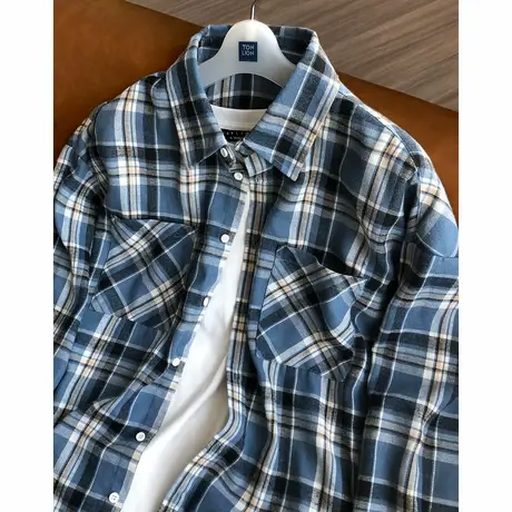 唐狮秋新款男长袖格子衬衫蓝色日系百搭衬衣开衫时尚百搭上衣TM图片