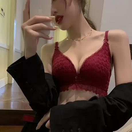 本命年红色内衣女性感蕾丝小胸聚拢胸罩无钢圈收副乳新娘结婚文胸商品大图