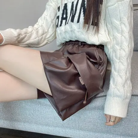 pu皮短裤女秋冬2023新款高腰显瘦宽松阔腿外穿a字皮裤高级感靴裤商品大图