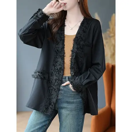 宝诗黎V领一粒扣拼接上衣2023秋季新款宽松中长外套时尚休闲女装商品大图