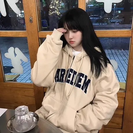 美式复古oversize卫衣女春秋季薄款韩系慵懒风小个子连帽开衫外套商品大图