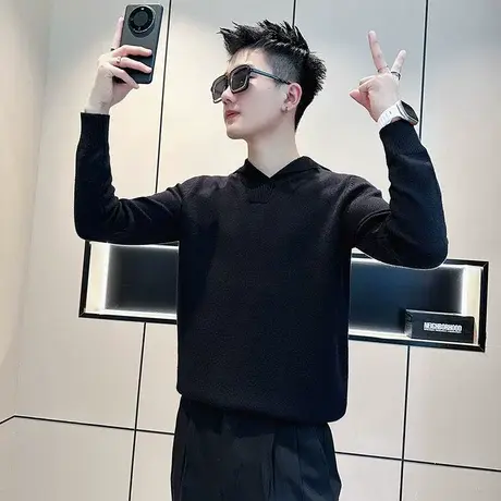 秋冬季翻领毛衣男纯色简约小众高级感潮牌长袖针织衫INS冬装线衣商品大图