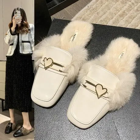 超火平底包头半拖鞋女外穿秋冬季加绒穆勒鞋网红兔毛毛拖鞋女鞋子商品大图