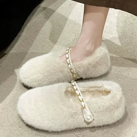 韩版平底毛毛拖鞋女外穿2023秋冬新款加绒保暖懒人一脚蹬包头棉拖商品大图