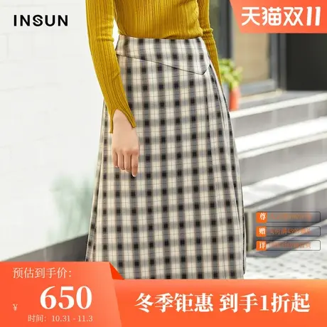 恩裳冬季时尚格纹宽松休闲a字裙不规则设计羊毛半身裙中长款图片