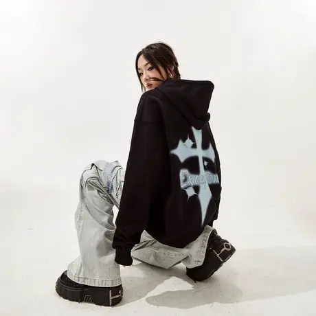 YEP黑色连帽加绒卫衣女秋冬2023年新款复古潮牌宽松oversize外套商品大图