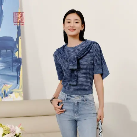 EP雅莹高端系列 优雅羊毛圆领套头短袖针织衫 春装商场同款9904A图片