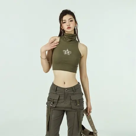 高领无袖辣妹短款T恤女2023新款ins设计感小众内搭修身背心打底衫商品大图