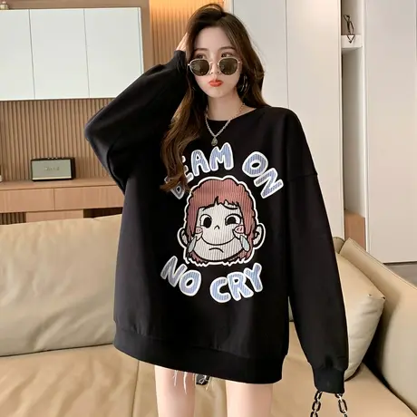 唐狮圆领卫衣女春秋新款韩款宽松卫衣潮流图案上衣白色外套潮商品大图