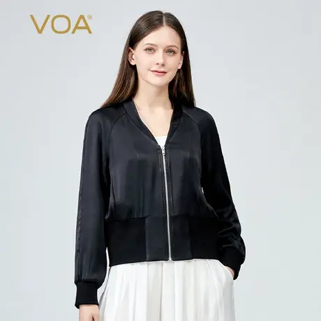 VOA双面锻真丝V型半高领长袖收口侧插口袋下摆收腰显瘦桑蚕丝外套图片