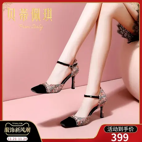 包头凉鞋女2025年新款方头一字式扣带细跟中空高跟鞋春季时尚百搭商品大图