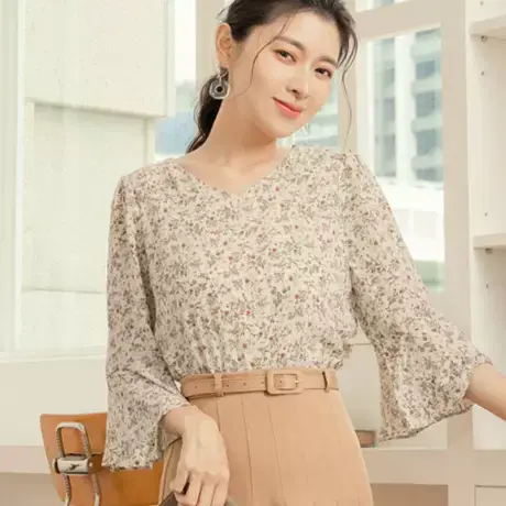 桔熊春夏季复古碎花V领露背绑带荷叶七分袖薄款上衣女大码AB16763商品大图