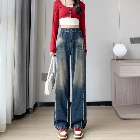 美式高街复古破洞牛仔裤女春秋直筒设计感小众高腰宽松显瘦阔腿裤商品大图