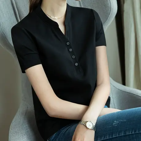 春装新款黑色T恤女短袖立领百搭打底衫体恤衫工作服韩版v领上衣商品大图