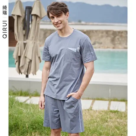 绮瑞睡衣男夏款纯棉短袖短裤套装男士夏季薄款圆领家居服宽松大码图片