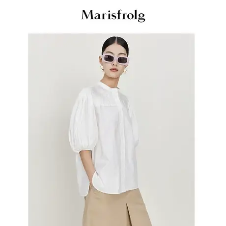 【商场同款】玛丝菲尔夏季灯笼袖修身泡泡袖文艺白色无领衬衫商品大图
