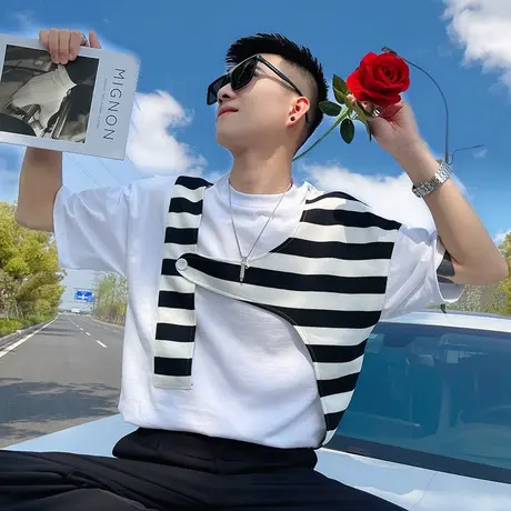 夏季时尚个性假两件设计感休闲短袖上衣t恤新款刷街潮牌半袖体恤商品大图