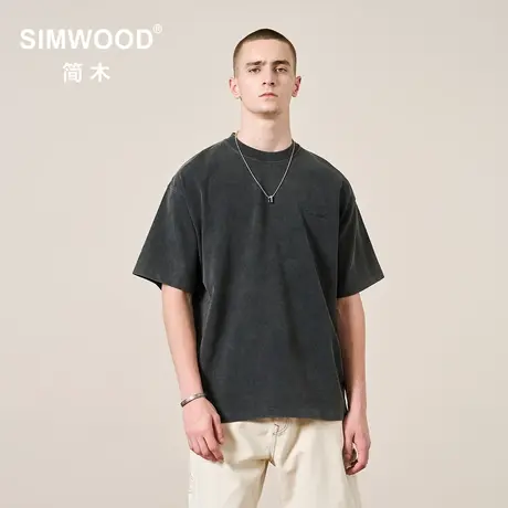 Simwood简木男装【超宽松版】夏季310g水洗做旧圆领纯棉短袖T恤男图片