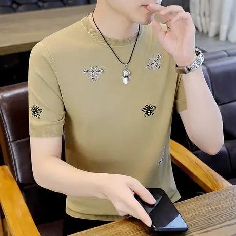 冰丝短袖男款夏季圆领刺绣衣服潮流百搭半袖冰感透气夏装休闲体恤商品大图