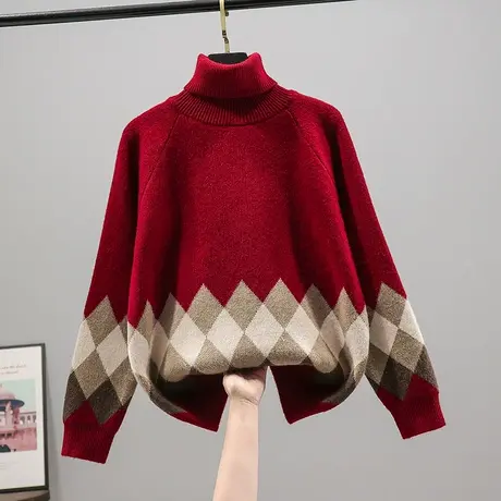 2023春季新款韩版宽松长袖高领套头菱形加厚针织衫毛衣女百搭上衣商品大图