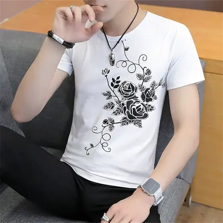 2023夏季薄款男士短袖T恤圆领修身韩版潮流青少年学生上衣服男装商品大图