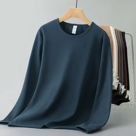 长袖t恤男装秋冬保暖加绒加厚圆领纯色上衣服潮流内搭打底衫体恤商品大图