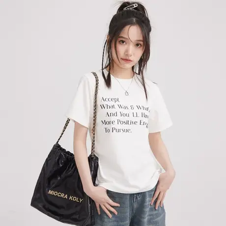尔给宽松韩版字母印花白色短袖正肩t恤女夏2023新款小个子上衣图片