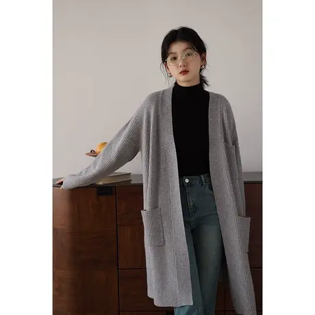 嘉茱莉2023秋季新款中长款羊毛针织开衫外套女宽松长款针织毛衣商品大图