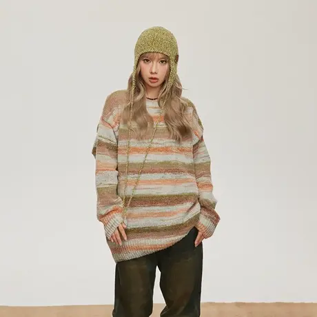 潮牌慵懒风软糯条纹毛衣女秋冬2023新款设计感复古宽松针织衫上衣商品大图