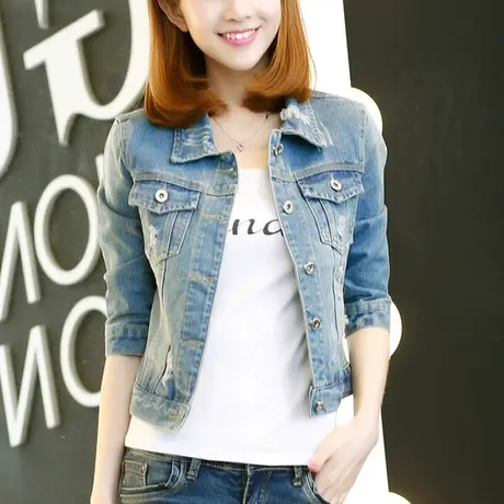 牛仔外套女短款修身韩版潮显瘦学生七分袖春秋牛仔衣大码破洞86商品大图