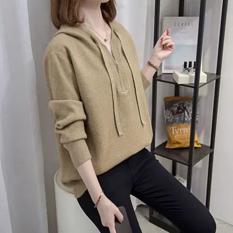 连帽毛衣女套头2023秋冬新款宽松慵懒风外穿上衣内搭加厚打底衫潮商品大图