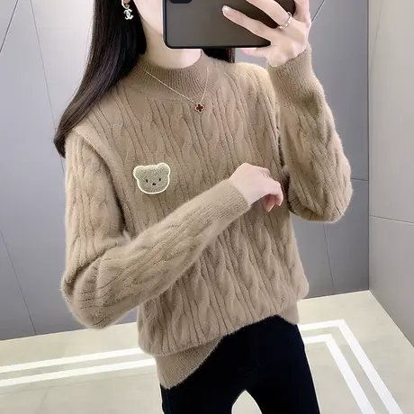 水晶绒半高领毛衣套头打底衫女秋冬新款宽松内搭爆款洋气针织衫女商品大图