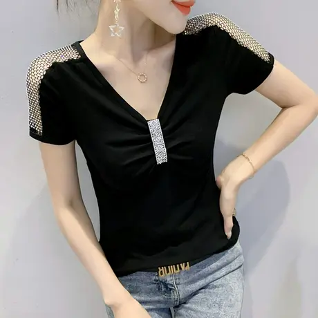 女装2023新款潮性感V领T恤女短袖夏闪闪亮钻拼接上衣洋气显瘦小衫商品大图