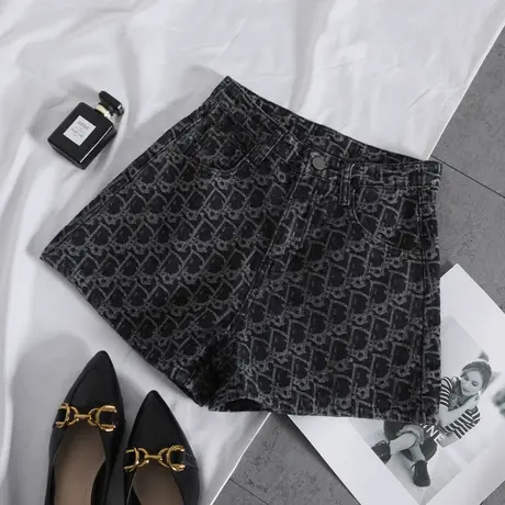 韩版水洗提花牛仔短裤女2022夏季辣妹高腰显瘦气质百搭a字阔腿裤商品大图