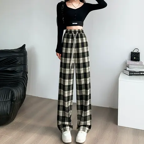 黑白格毛呢阔腿裤女秋冬季新款高腰宽松显瘦垂感直筒休闲拖地长裤图片
