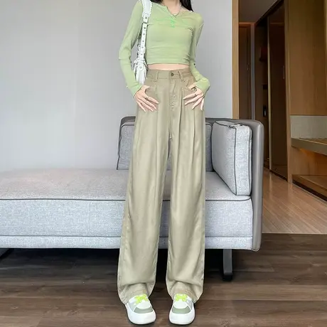 卡其色高腰牛仔裤女2023年春秋宽松显瘦垂感拖地直筒薄款阔腿裤商品大图