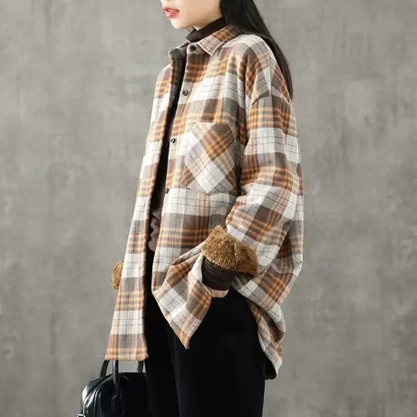 文艺加绒加厚格子衬衫女宽松复古2022新款春装保暖打底衫长袖上衣图片