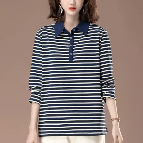 加肥加大码长袖t恤女春秋新款宽松中年妈妈纯棉条纹翻领打底衫女商品大图