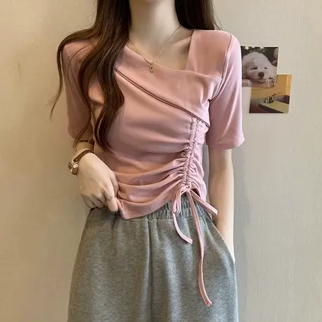 不规则抽绳斜领短袖T恤女夏设计感小众显瘦短款体恤港味chic上衣商品大图