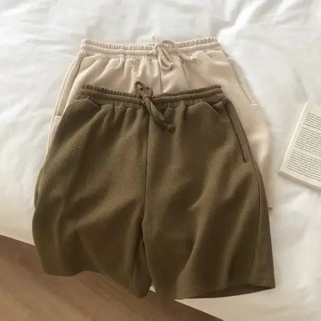 新款BF风棉质华夫格高腰运动短裤女宽松休闲百搭阔腿中裤学生夏季图片