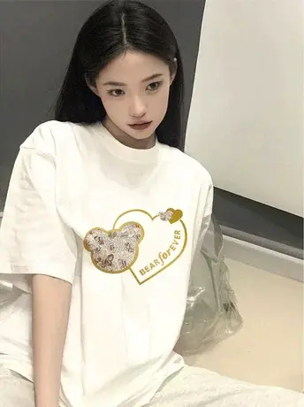 夏季仿棉短袖正肩t恤女2023新款宽松韩系chic小众设计感别致上衣商品大图