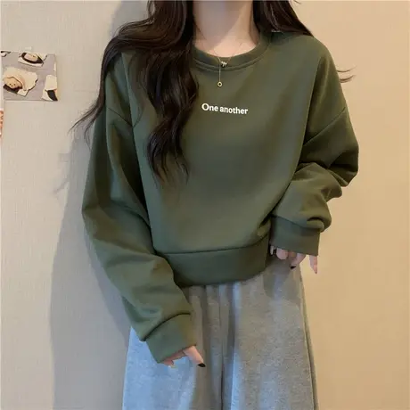 无帽圆领套头薄款卫衣女春装2024年新款宽松百搭小个子短款上衣服图片