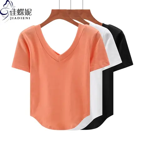 夏季新款韩版双V领纯棉下摆圆弧纯色修身纯欲短袖体恤上衣内搭女商品大图