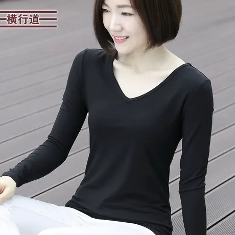 2025春装简约黑色鸡心领长袖t恤女装上衣纯色莫代尔大码v领打底衫商品大图