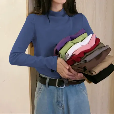 春秋季内搭半高领加厚长袖百搭基础款打底衫女装秋冬加绒保暖上衣商品大图