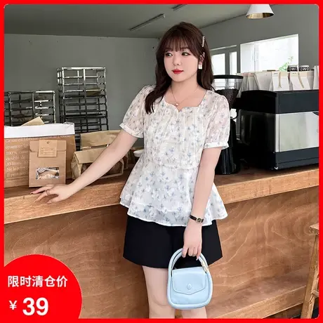 显瘦遮肚子大码胖mm上衣女2023夏装新款桃心领气质碎花短袖雪纺衫商品大图