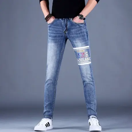 2023新款男士印花牛仔裤男秋冬秋冬高端修身小脚弹力韩版休闲裤子商品大图