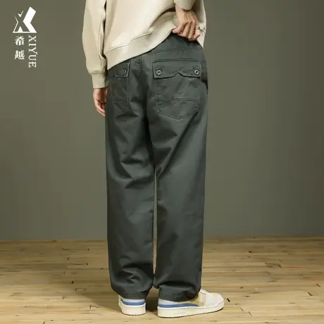 希越纯棉休闲裤子男2023秋冬设计感金线绣阔腿裤宽松大码灰色长裤商品大图